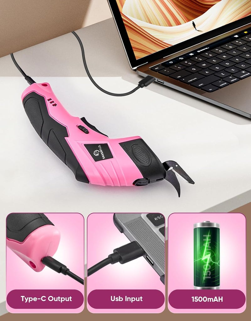 SakerPlus Cordless Electric Scissors, Fabric Scissors, Powerful Pinking Shears, Rechargeable Cardboard Cutter, Craft Scissor for Carpet Fabric Cardboard Leather Felt Cutting(Pink,1 Blade) - Image 5
